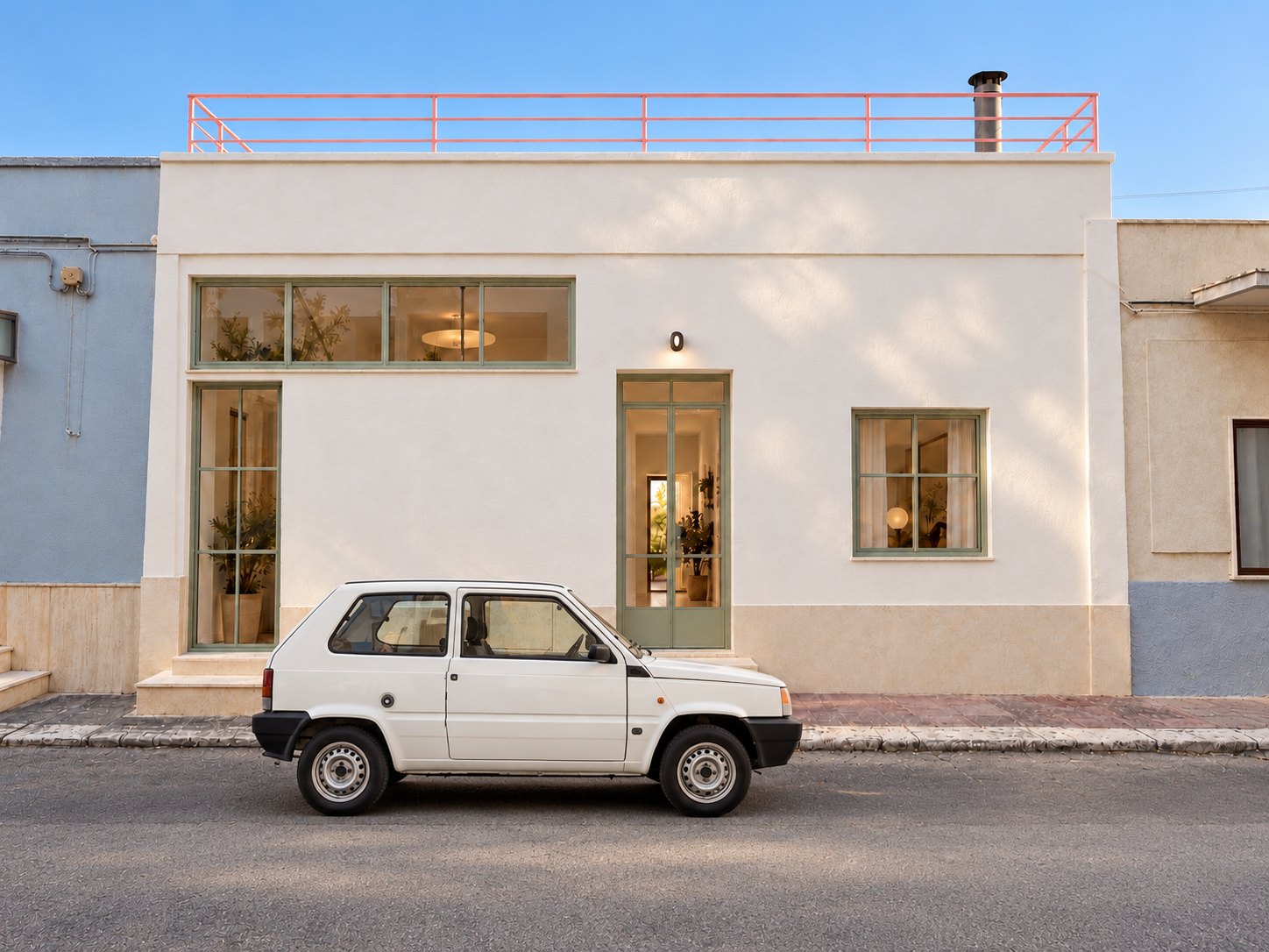 De voorgevel na de verbouwing, crèmekleurig met groene kozijnen en een witte Fiat Panda ernaast geparkeerd