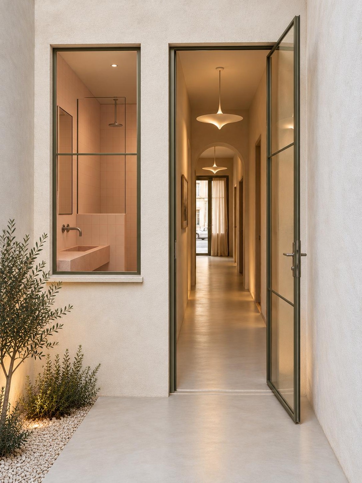 Lo stesso corridoio dopo la ristrutturazione: muri lisci color crema, un rosone a soffitto e una lampada accesa, con scorcio su una stanza rivestita in rosa